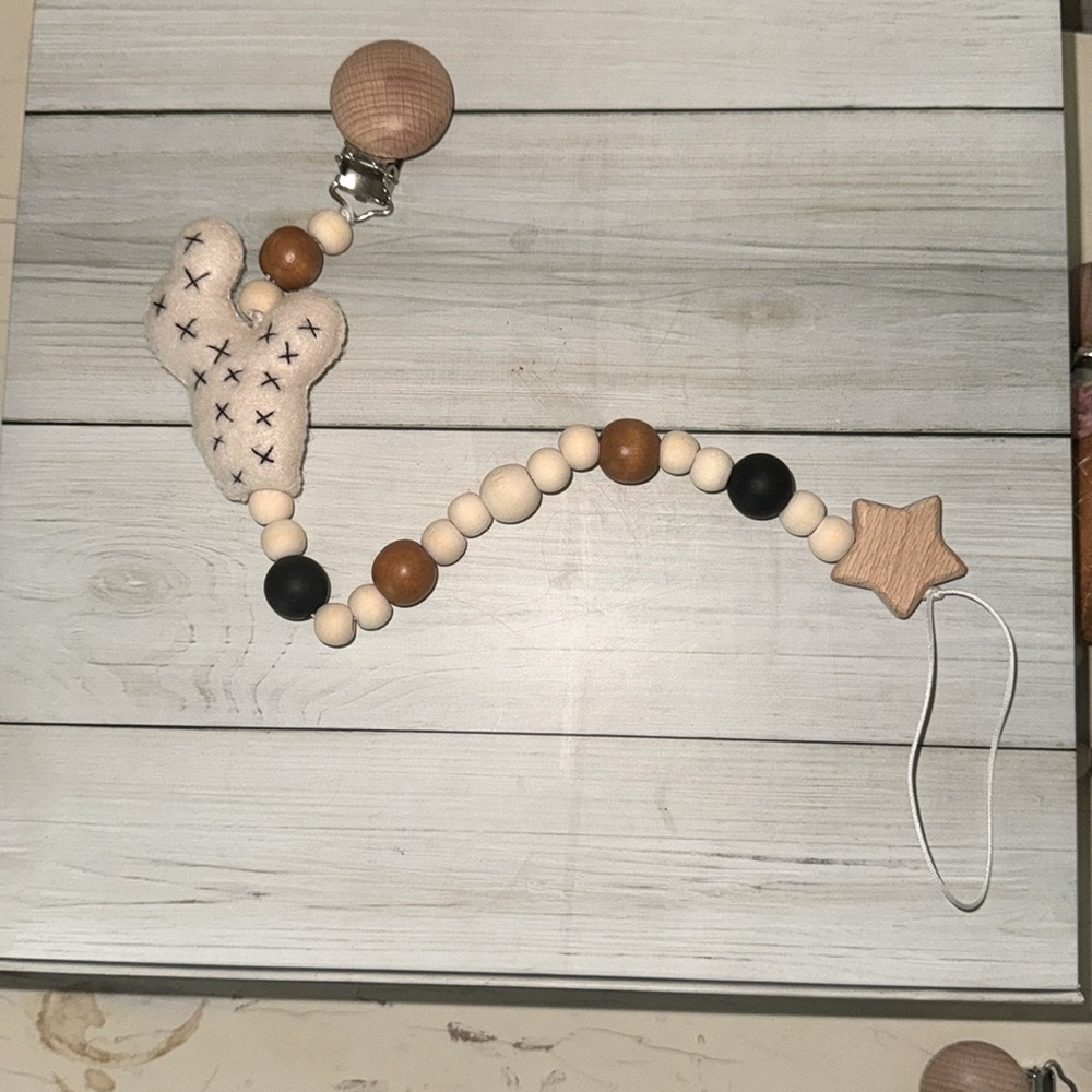 Handmade Black and Cream Hand stitched with care silicone and wood Pacifier Clip